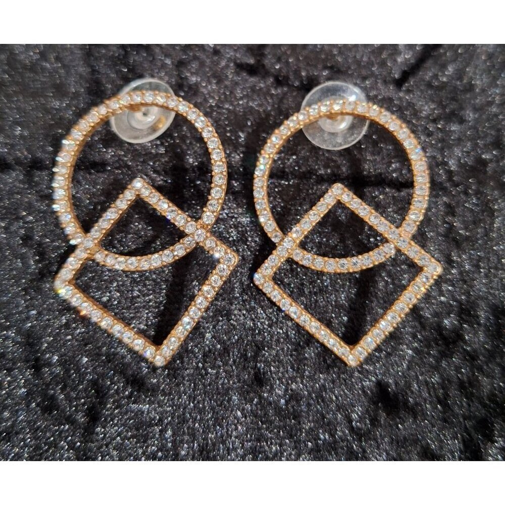 J. Crew Pave Circle & Square Gold Earrings With Clear Stones